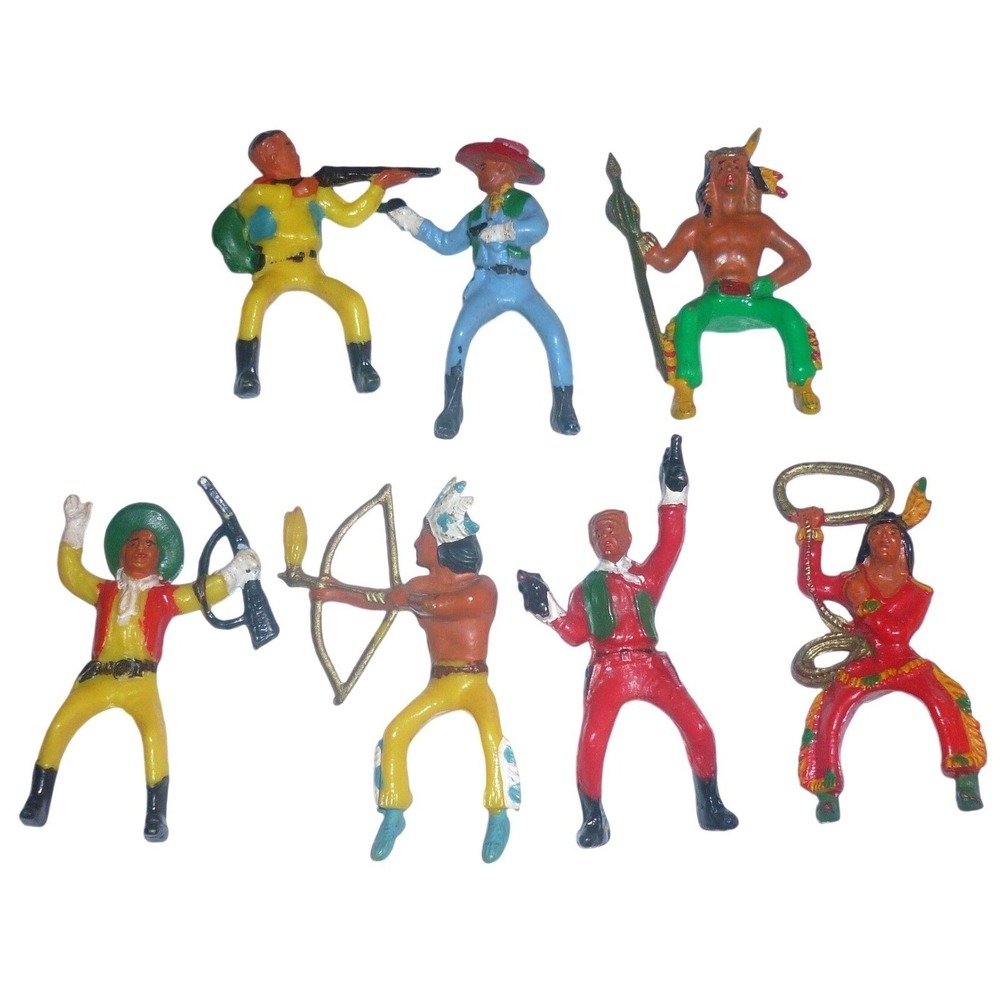 Starlux France Plastic Rider Figures Lot 7 Cowboys Native Americans Vintage 3"